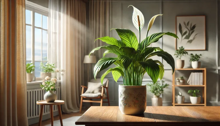 Barış çiçeği kaç günde sulanır? Görselde sağlıklı bir barış çiçeği, sıcak ve modern bir iç mekan ortamında sergileniyor. Bakımı iyi yapılmış bir Barış çiçeği