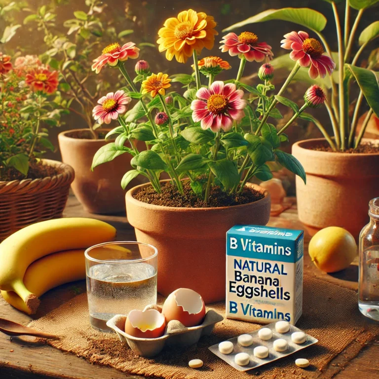 Çiçeklere Vitamin Olarak Ne Verilir? Evde Doğal Çözümler ve Pratik Yöntemler Doğal bitki bakım yöntemleriyle beslenen sağlıklı çiçekler. Yanlarında muz kabuğu, haşlanmış yumurta kabukları, aspirin tabletleri ve B vitamini içeren bir paket yer alıyor. Çiçekler renkli ve canlı, güneş ışığında sağlıklı bir şekilde büyüyor.