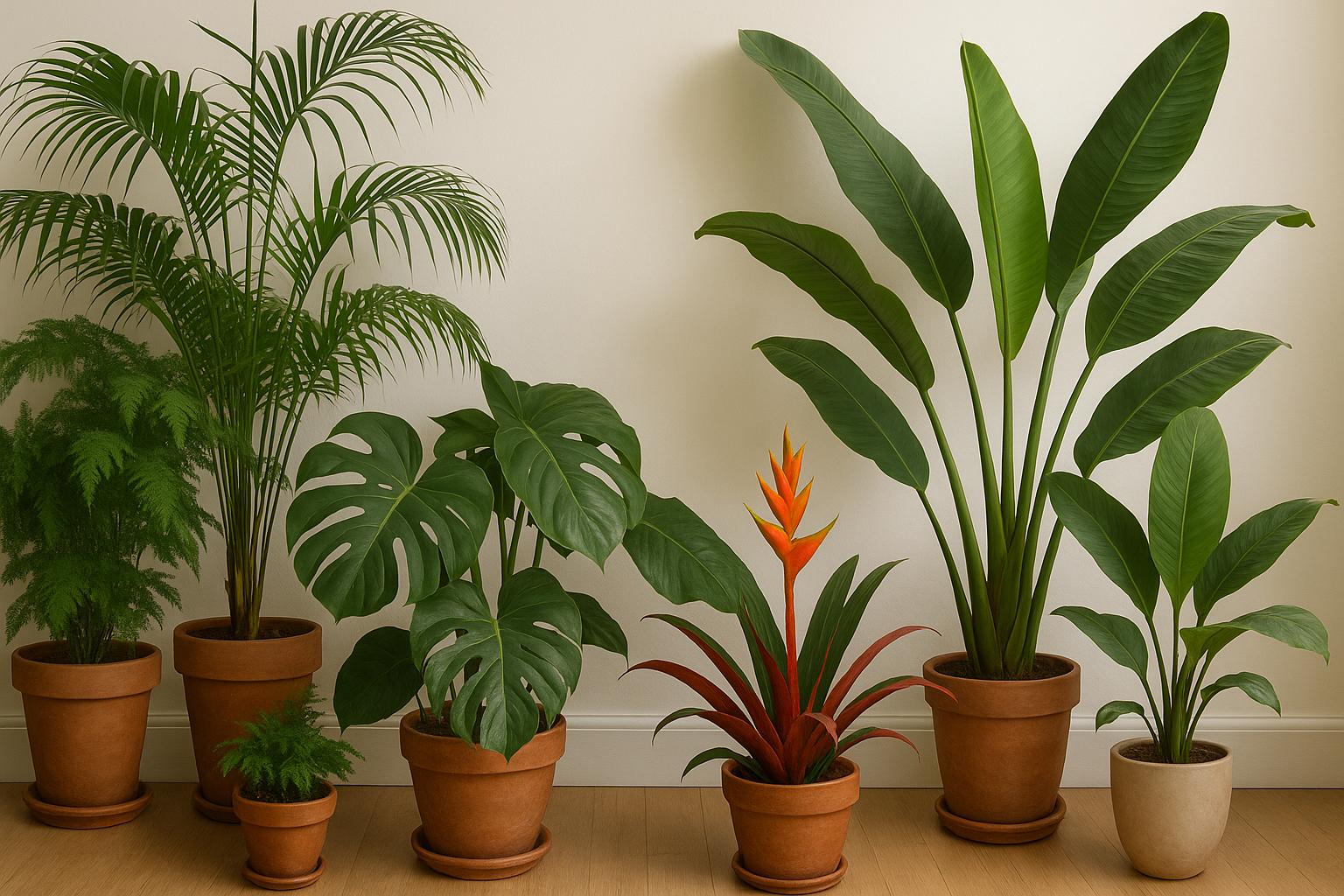 Bir ev ortamında yer alan çeşitli tropikal bitkiler; seramik ve terakota saksılarda yer alan monstera, helikonya, muz bitkisi ve palmiye gibi egzotik bitkiler, açık renkli duvar önünde doğal ışıkla aydınlatılmış şekilde dizilmiş.