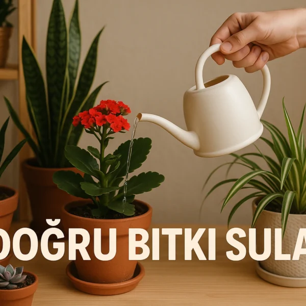 Doğru bitki sulama yazısını içeren ve birden fazla çiçek sulayan bir el