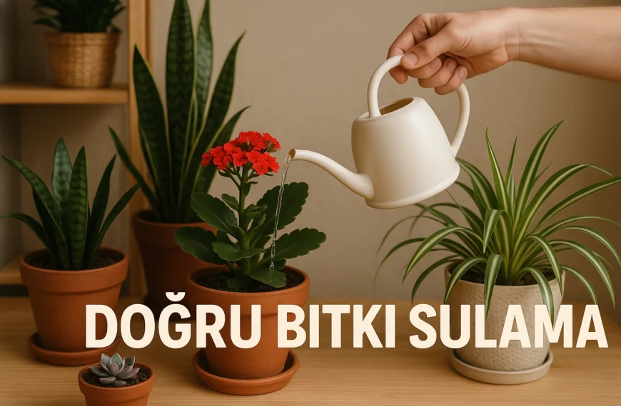 Doğru bitki sulama yazısını içeren ve birden fazla çiçek sulayan bir el