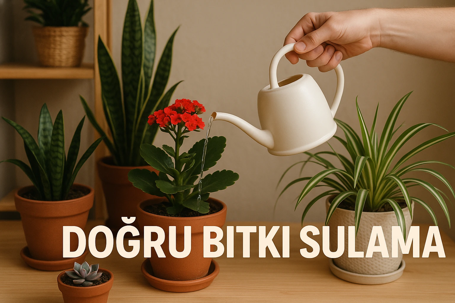 Bitkiler Ne Sıklıkta Sulanır? Doğru Sulama İpuçları Doğru bitki sulama yazısını içeren ve birden fazla çiçek sulayan bir el