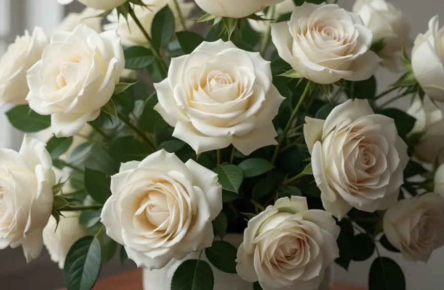 Beyaz güllerden oluşan, zarif ve dingin bir aranjmanın yakın çekim görüntüsü. Güllerin narin taç yaprakları, yemyeşil parlak yaprakları ve yumuşak, doğal bir ışıkla aydınlatılmış vaziyette. Genel atmosfer saflık ve zarafet hissi veriyor.