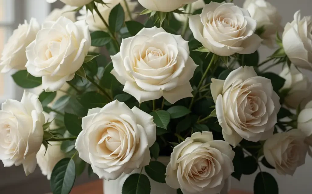 Beyaz güllerden oluşan, zarif ve dingin bir aranjmanın yakın çekim görüntüsü. Güllerin narin taç yaprakları, yemyeşil parlak yaprakları ve yumuşak, doğal bir ışıkla aydınlatılmış vaziyette. Genel atmosfer saflık ve zarafet hissi veriyor.