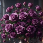 Büyüleyici ve gotik bir ortamda, koyu mor güllerden oluşan büyük, gösterişli bir buket. Güller, altın rengi, işlemeli bir vazonun içinde duruyor ve etraflarında hafif bir sis ya da duman efekti var. Arka planda ay ışığı vuran kemerli bir pencere, yanan mumlar ve klasik bir oda tasarımı görülüyor. Görsel, gizemli ve romantik bir atmosfer sunuyor.