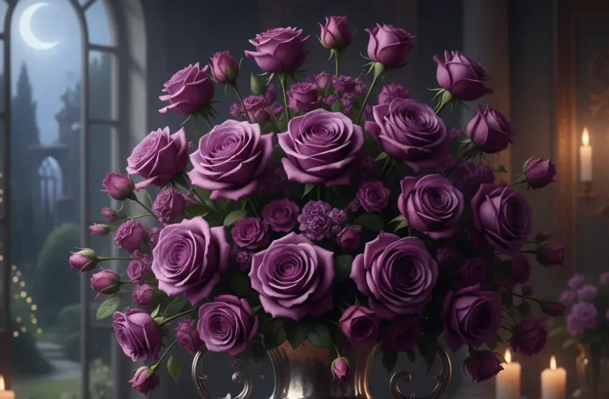 Büyüleyici ve gotik bir ortamda, koyu mor güllerden oluşan büyük, gösterişli bir buket. Güller, altın rengi, işlemeli bir vazonun içinde duruyor ve etraflarında hafif bir sis ya da duman efekti var. Arka planda ay ışığı vuran kemerli bir pencere, yanan mumlar ve klasik bir oda tasarımı görülüyor. Görsel, gizemli ve romantik bir atmosfer sunuyor.