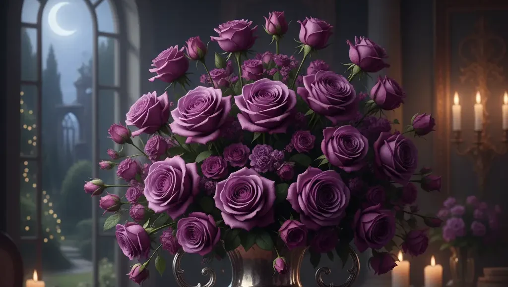Büyüleyici ve gotik bir ortamda, koyu mor güllerden oluşan büyük, gösterişli bir buket. Güller, altın rengi, işlemeli bir vazonun içinde duruyor ve etraflarında hafif bir sis ya da duman efekti var. Arka planda ay ışığı vuran kemerli bir pencere, yanan mumlar ve klasik bir oda tasarımı görülüyor. Görsel, gizemli ve romantik bir atmosfer sunuyor.